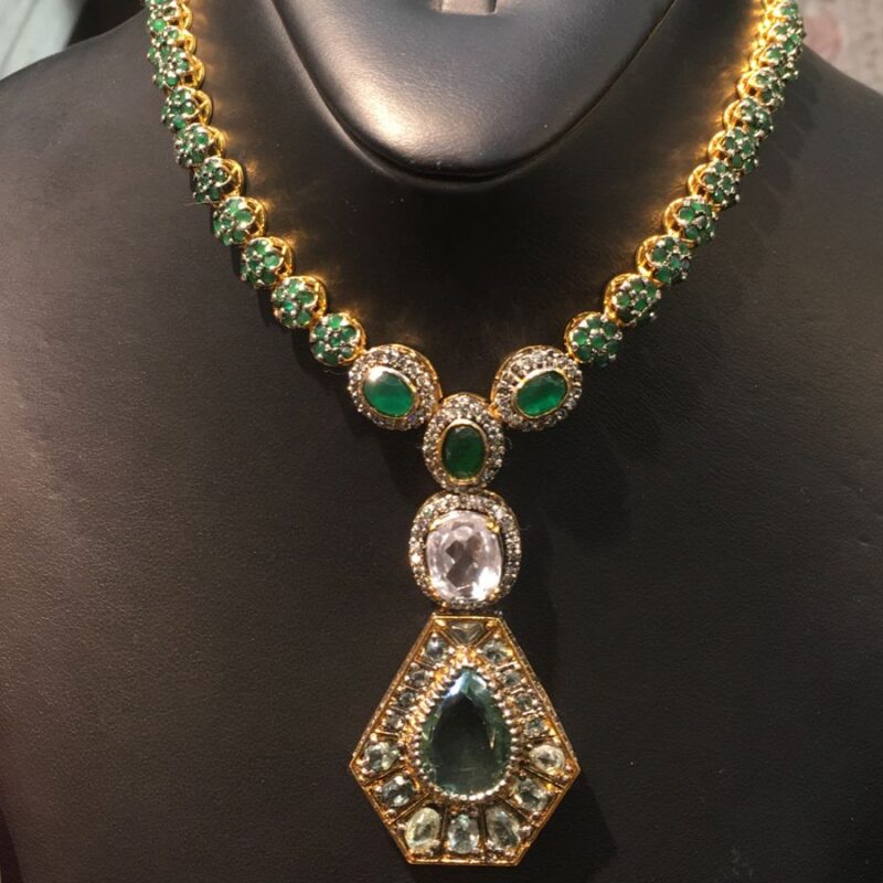 Alt Text: Zabardast 925 silver gold plated emerald necklace with pendant design aur sparkling diamonds, best bridal jewelry in Karachi &ndash; shop online affordable emerald necklaces Pakistan for