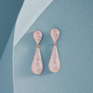 Dilkash 925 silver gold plated teardrop diamond earrings with rose gold finish aur sparkling stones, best bridal jewelry in Karachi – shop online affordable gold plated drop earrings Pakistan for weddings aur parties.