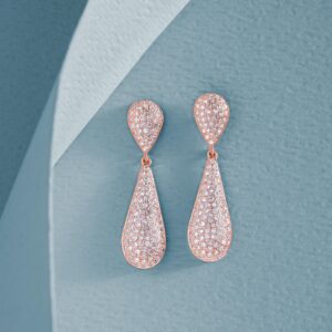 Dilkash 925 silver gold plated teardrop diamond earrings with rose gold finish aur sparkling stones, best bridal jewelry in Karachi – shop online affordable gold plated drop earrings Pakistan for weddings aur parties.