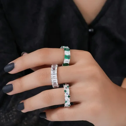 Karachi-Crafted 925 Sterling Silver Eternity Ring with Emerald Green Stones & White Zircons - Stackable Bridal Jewelry for Pakistani Weddings
