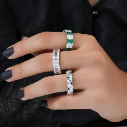 Karachi-Crafted 925 Sterling Silver Eternity Ring with Emerald Green Stones & White Zircons - Stackable Bridal Jewelry for Pakistani Weddings