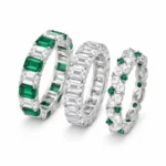 Three Ring Set with Rectangular and Floral Designs – 925 Sterling Silver – Deep Rhodium Plated