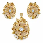 Floral Statement Pendant Set – 925 Sterling Silver – Gold Plated – Gold and Light Gray High Quality Zircon