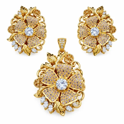 Floral Statement Pendant Set – 925 Sterling Silver – Gold Plated – Gold and Light Gray High Quality Zircon