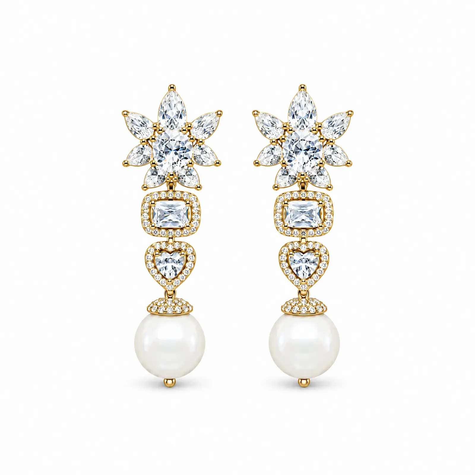 Gold Plated White Zircon & Pearl Floral Drop Earrings – 925 Sterling Silver, 10 g – Main Image Floral Top with Rectangular and Heart-Shaped Zircon Links and Pearl Drop – 925 Sterling Silver – Gold Plated
