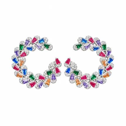 Open Hoop / Teardrop Cluster – 925 Sterling Silver – Deep Rhodium Plated – Blue and Silver High Quality Zircon