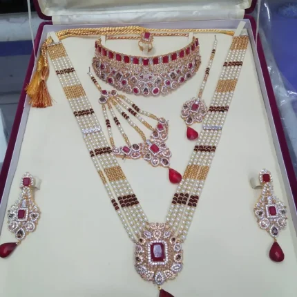 Luxury gold plated bridal jewelry set with red stones – choker, long necklace, earrings & ring