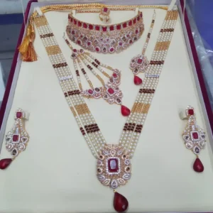 Luxury gold plated bridal jewelry set with red stones – choker, long necklace, earrings & ring