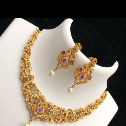 Traditional gold-plated necklace set with floral design and matching earrings – Bridal and party wear jewellery – Zuha Jewellery Karachi