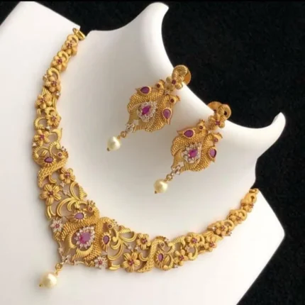 Traditional gold-plated necklace set with floral design and matching earrings – Bridal and party wear jewellery – Zuha Jewellery Karachi