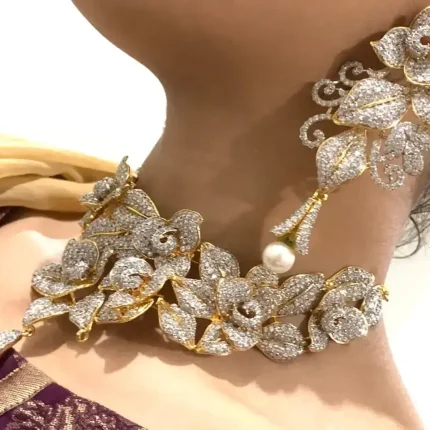 Floral stone choker set with matching earrings in gold and silver finish – Zuha Jewellery karachi