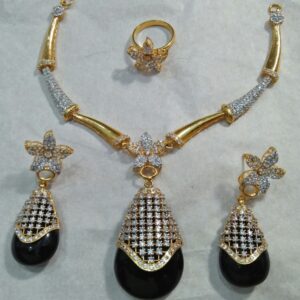 Black Stone Floral Gold Plated Necklace Set &ndash; Elegant Party Wear Zuha Jewellery