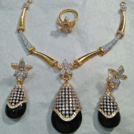 Black Stone Floral Gold Plated Necklace Set – Elegant Party Wear Zuha Jewellery