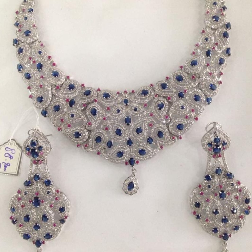 Bridal Necklace Earrings Set Blue Stone Diamond Finish Zuha Jewellery Bridal Necklace Earrings Set Blue Stone Diamond Finish