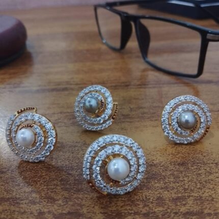 “Gold Plated Round Pearl Stud Earrings – Double Halo CZ Crystal Tops Zuha Jewellery”