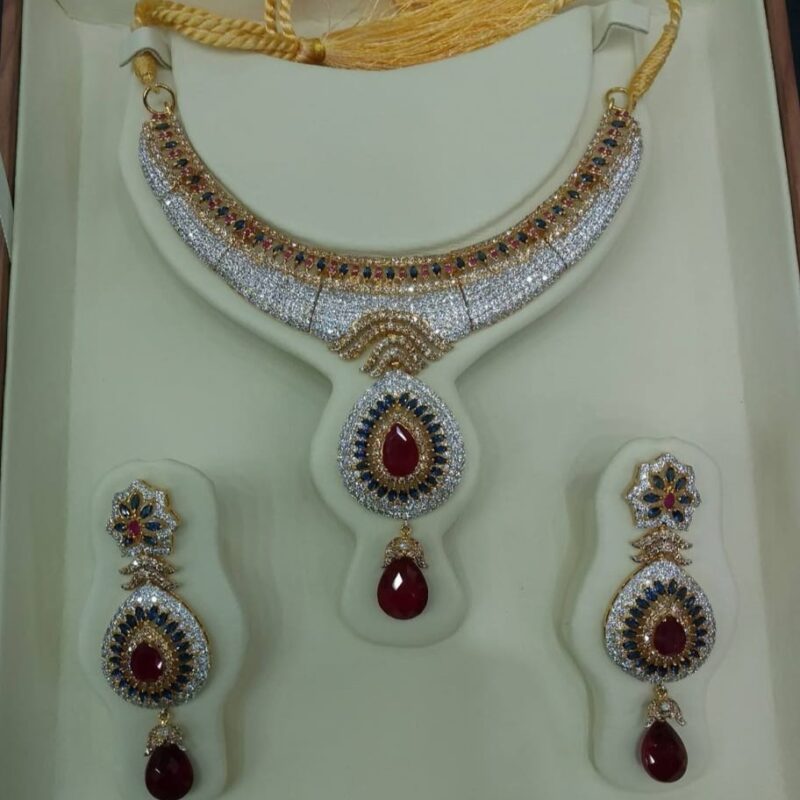 Pakistani Bridal Necklace Set with Earrings Red Blue Stone Zuha Jewellery