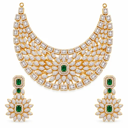 Royal Bridal Statement Set – 925 Sterling Silver – Gold Plated – Gold and Green High Quality Zircon