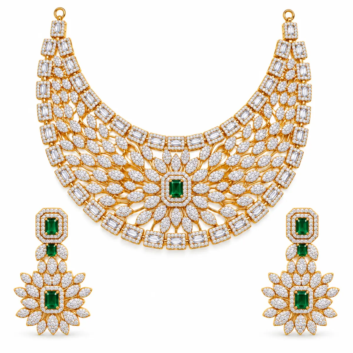 Gold Plated Green & White Zircon 925 Silver Bridal Set – 93g – Main Image Royal Bridal Statement Set – 925 Sterling Silver – Gold Plated – Gold and Green High Quality Zircon