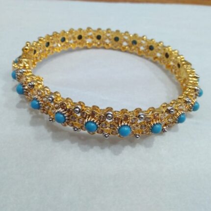 “Turquoise Stone Floral Gold Plated Bangle – Adjustable Party Wear Zuha Jewellery”