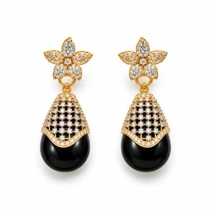 Floral Drop Statement Necklace Set – Black and Gold High Quality Zircon & Black Stone – additional image 2