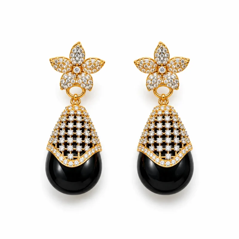 Floral Drop Statement Necklace Set &ndash; Black and Gold High Quality Zircon & Black Stone &ndash; additional image 2