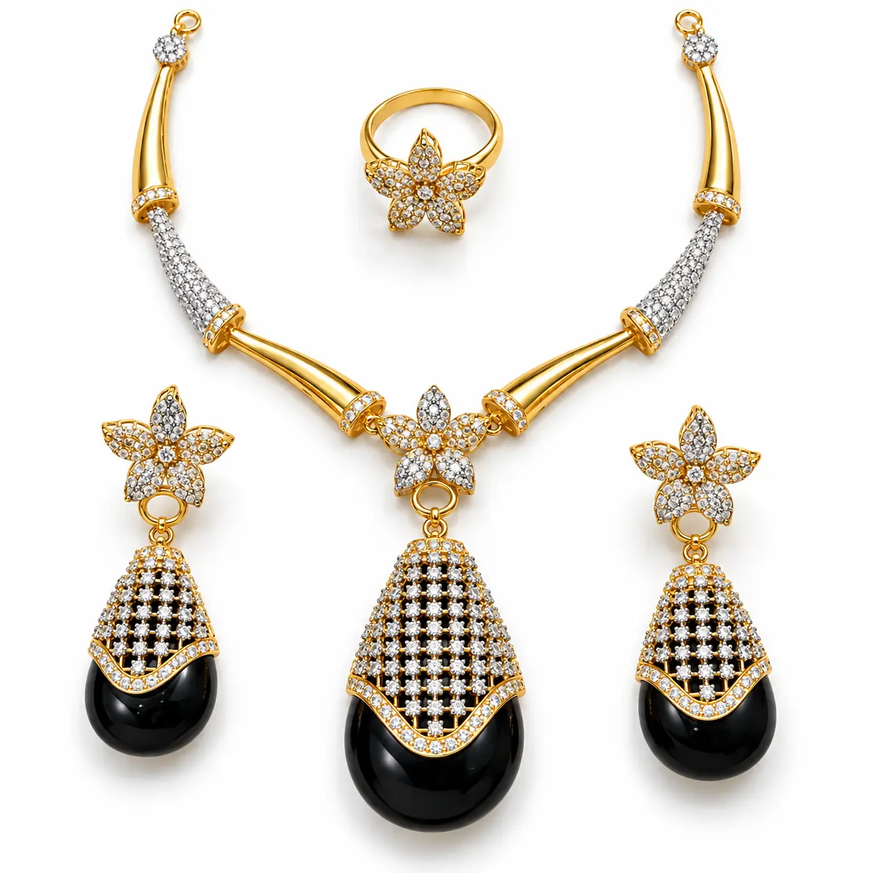 Black Stone White Zircon Floral Gold Plated 925 Silver Necklace Set – 45g – Main Image Floral Drop Statement Necklace Set – 925 Sterling Silver – Gold Plated – Black and Gold High Quality Zircon & Black Stone
