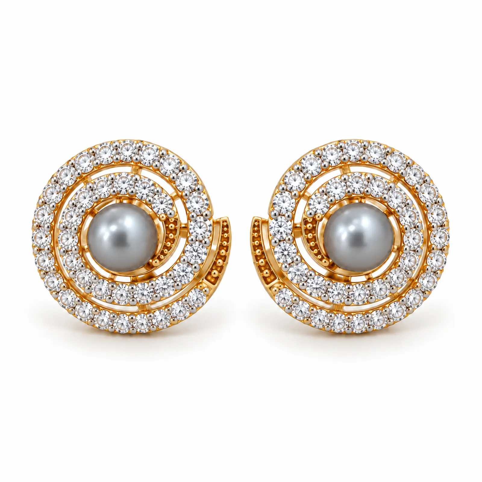 Gold Plated Pearl Zircon 925 Silver Spiral Stud Earrings – Main Image Concentric Spiral Pearl Stud – 925 Sterling Silver – gold plated – Gold and Gray high quality zircon and pearl