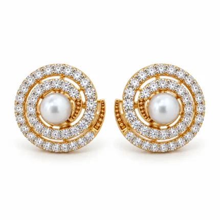 Concentric Spiral Pearl Stud – Gold and Gray high quality zircon and pearl – additional image 2