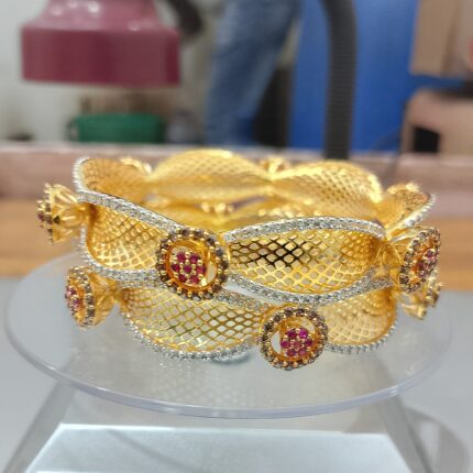 “Ruby Mesh Gold Plated Bangles Set – CZ Diamond Accents Zuha Jewellery”