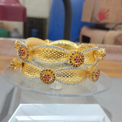 “Ruby Mesh Gold Plated Bangles Set – CZ Diamond Accents Zuha Jewellery”