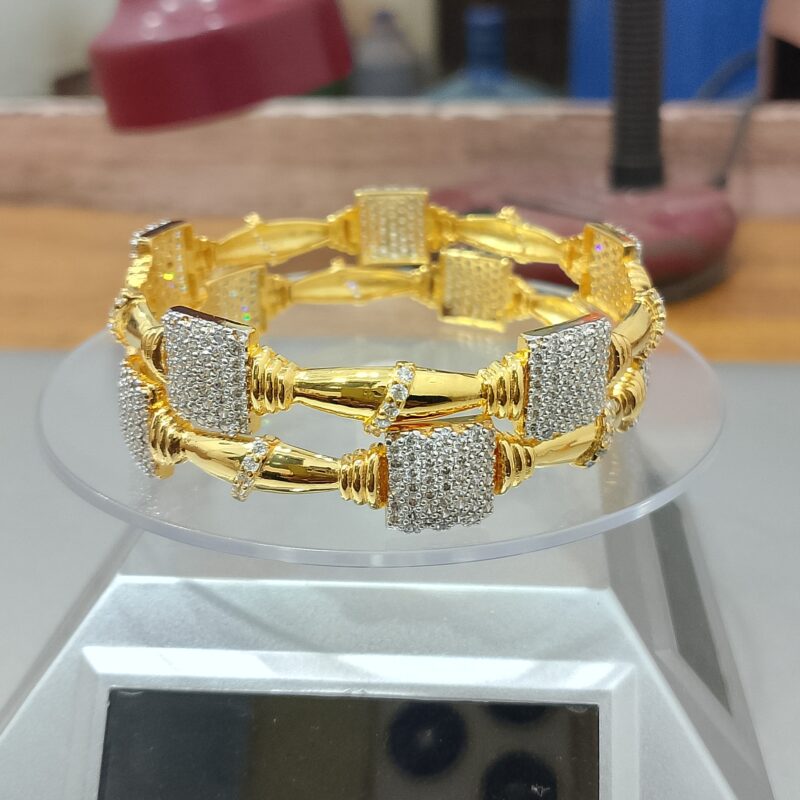 Square Zircon CZ Gold Plated Bangles Set | Heavy Designer Pair for Weddings Karachi Pakistan
