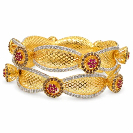 Openwork Mesh Floral Bangles – 925 Sterling Silver – gold plated – Brown and Gold High Quality Zircon