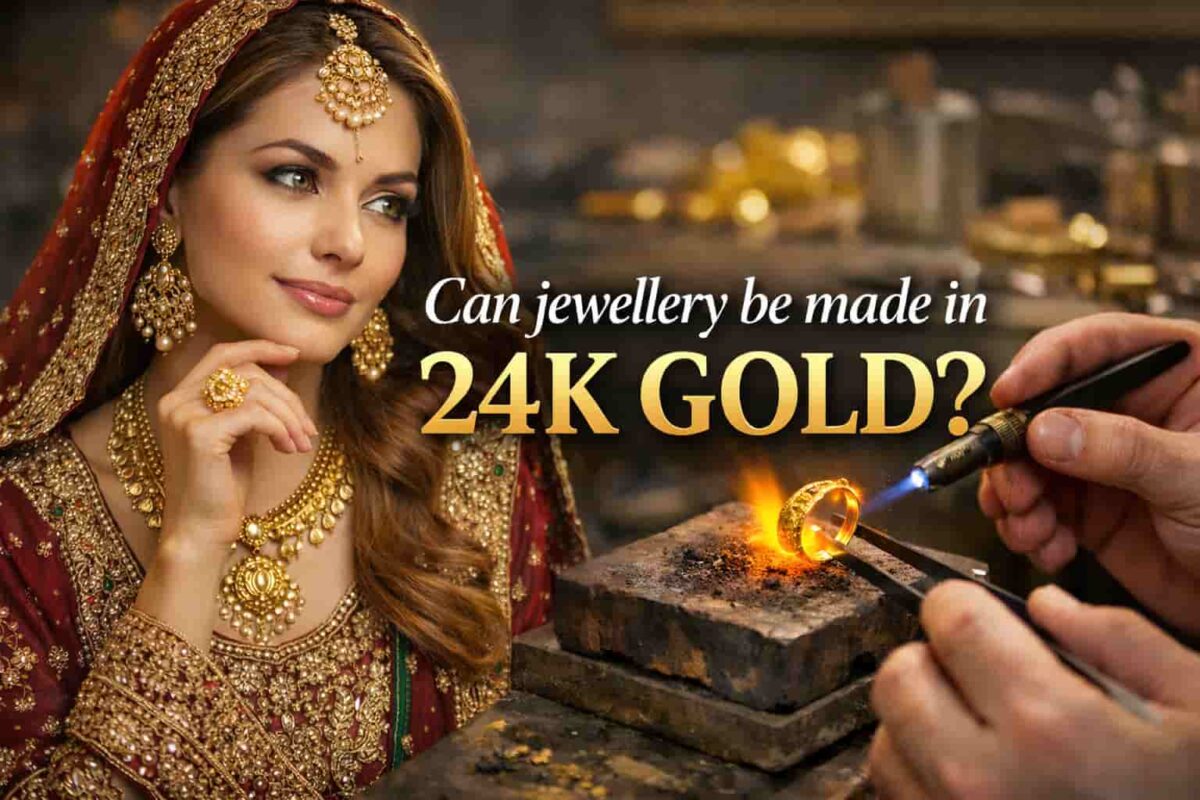 South Asian woman in traditional Pakistani bridal dress wearing heavy 24K gold jewellery while a jeweller crafts a gold ring