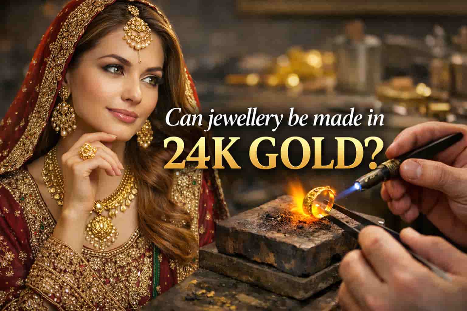 South Asian woman in traditional Pakistani bridal dress wearing heavy 24K gold jewellery while a jeweller crafts a gold ring