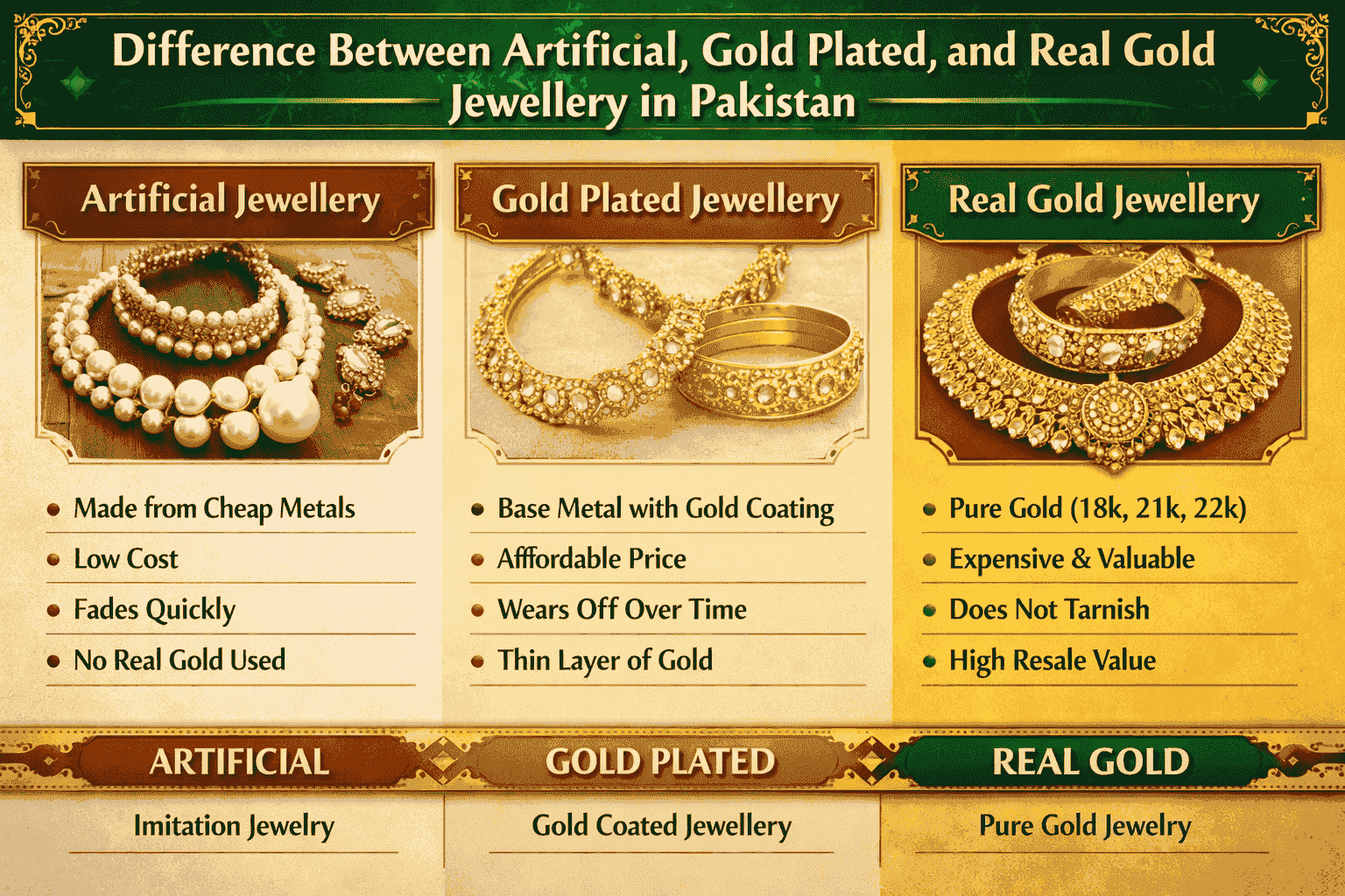 Artificial vs Gold Plated vs Real Gold jewellery