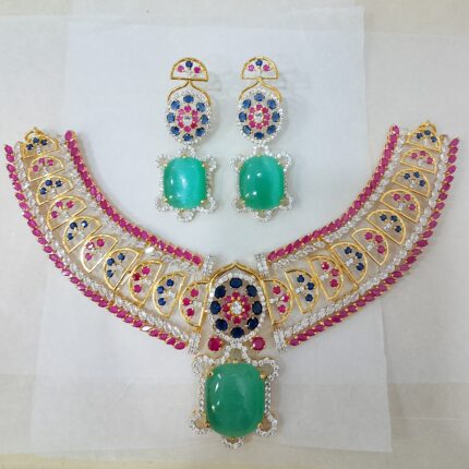 Enchanted Emerald Cabochon Bridal Set - 925 Silver Gold Plated