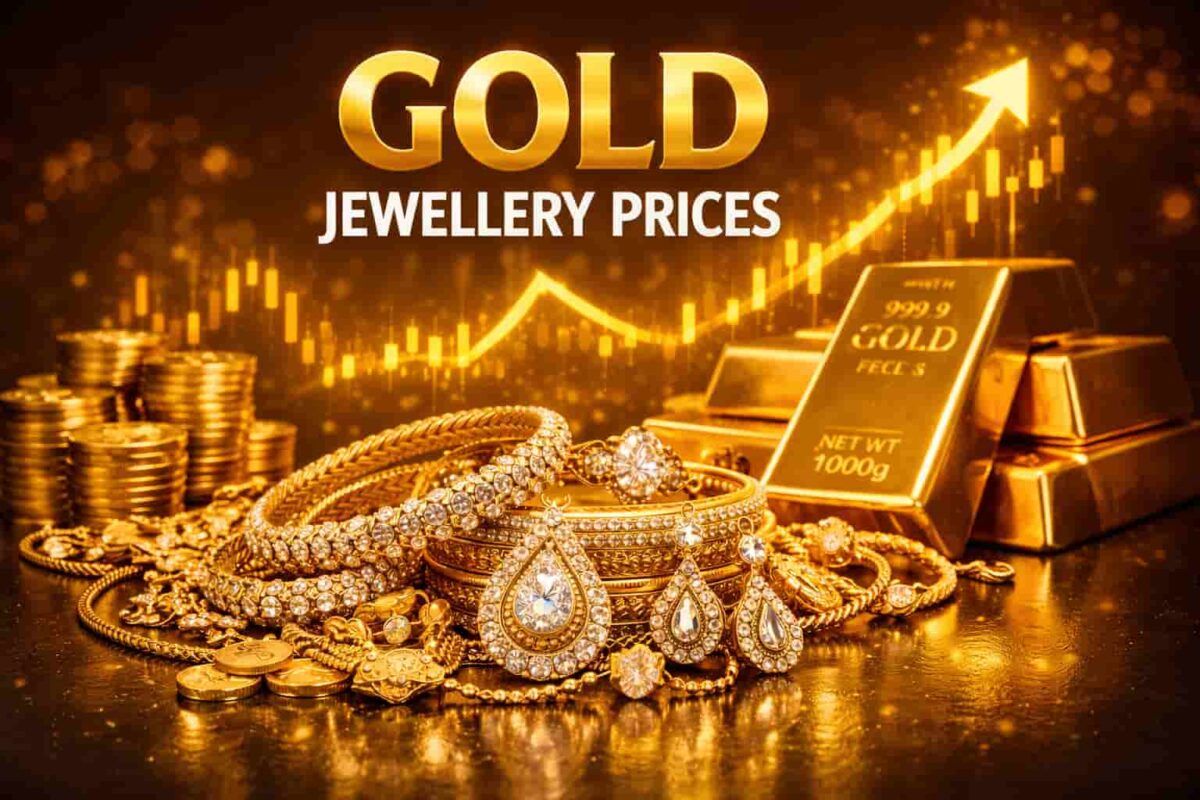 Gold jewellery with rising price chart and gold bars