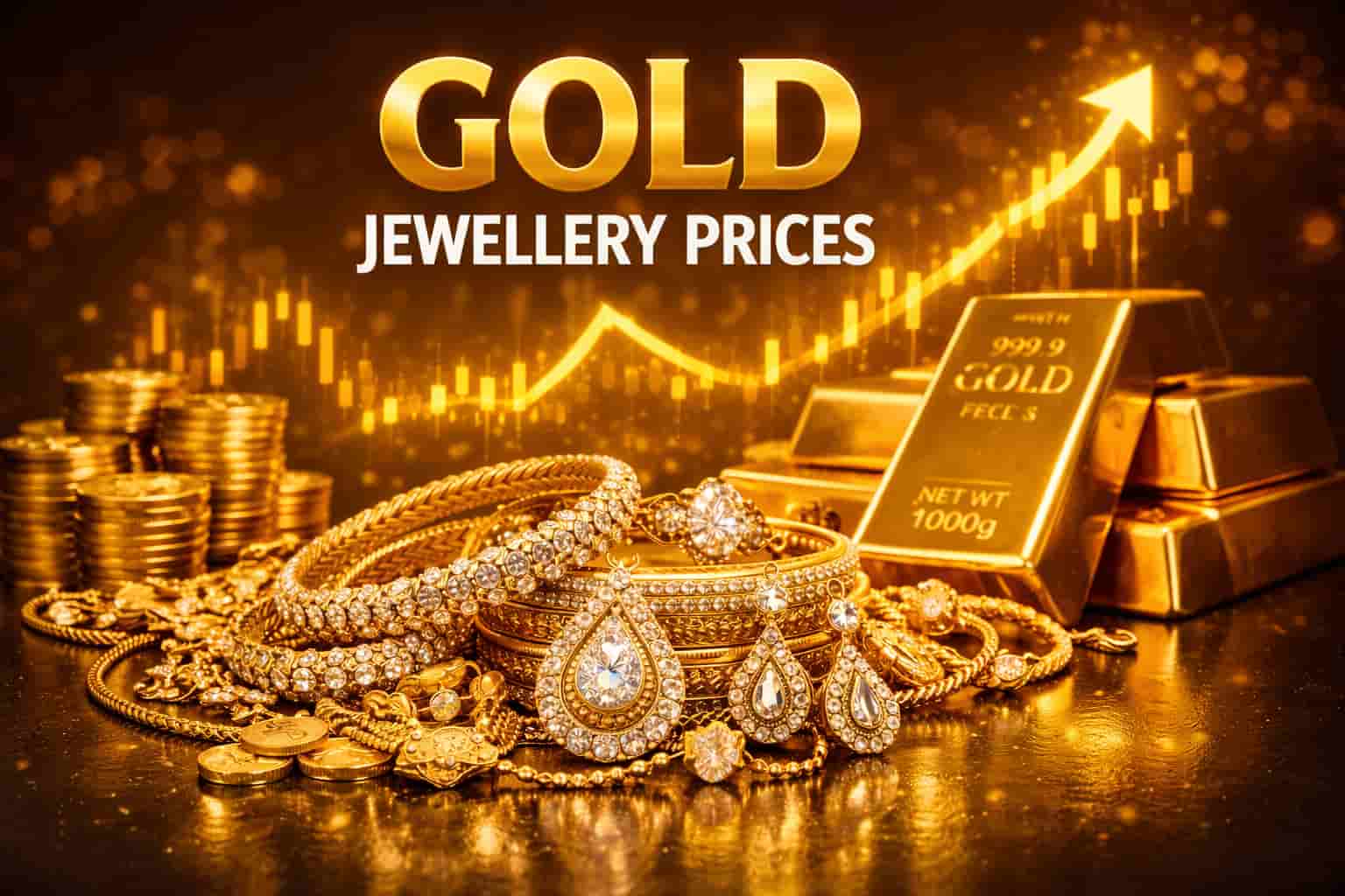 Gold jewellery with rising price chart and gold bars