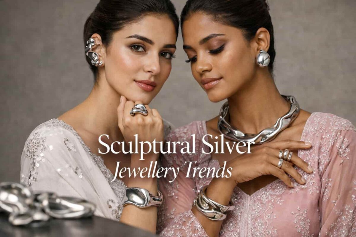 Pakistani models wearing bold sculptural silver jewellery including statement rings, cuffs, and necklaces for a fashion trends