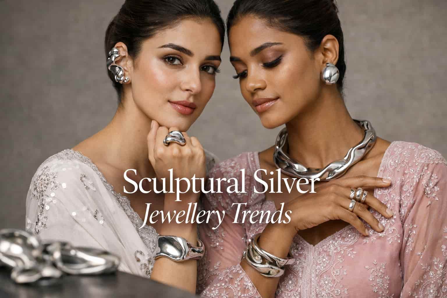 "Sculptural Silver Jewellery Trends 2026 925 silver jewelry Karachi". Pakistani models wearing bold sculptural silver jewellery including statement rings, cuffs, and necklaces for a fashion trends