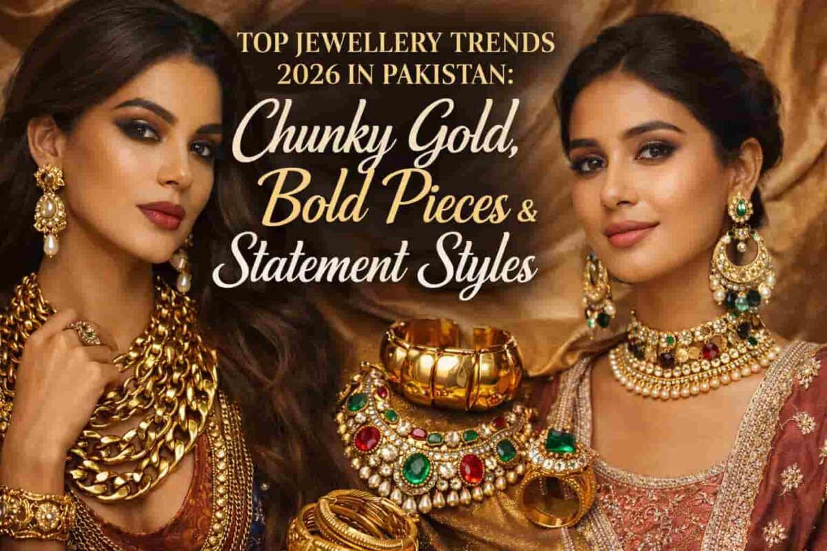 Two women wearing bold chunky gold jewellery and statement gemstone pieces