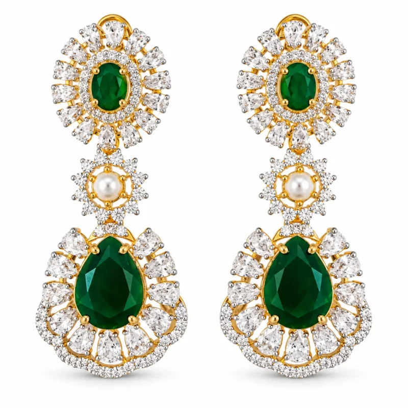 Traditional Layered Bridal Necklace Set &ndash; Gold and Green High Quality Zircon & Pearl &ndash; additional image 2