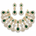 Traditional Layered Bridal Necklace Set – 925 Sterling Silver – Gold Plated – Gold and Green High Quality Zircon & Pearl