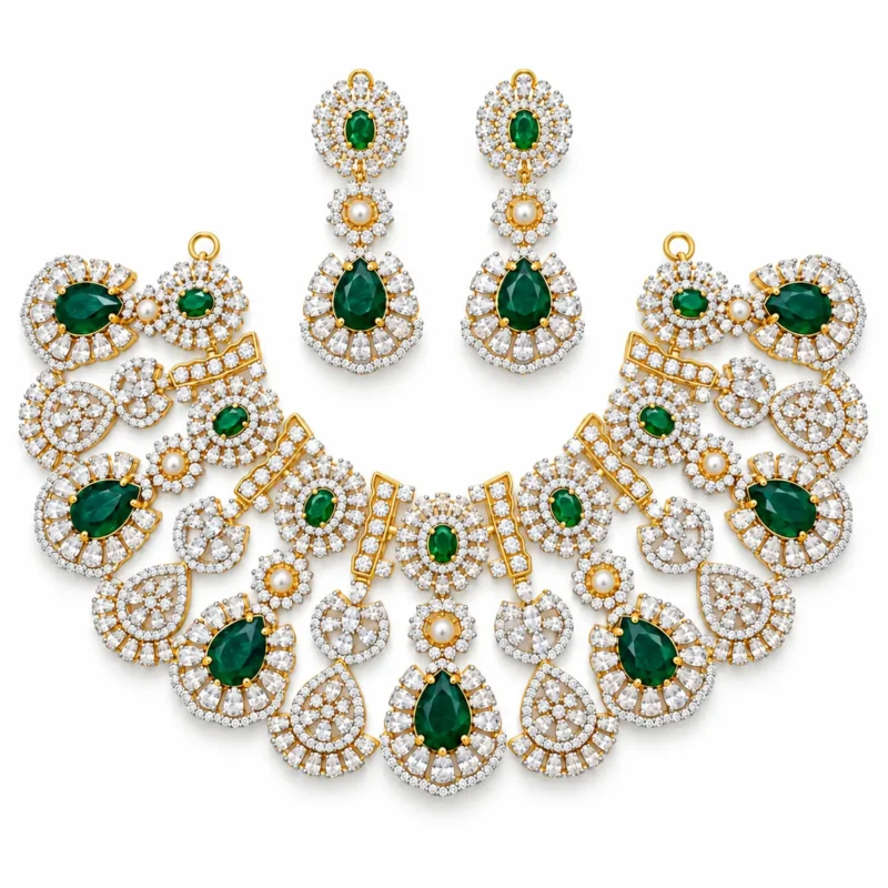 Traditional Layered Bridal Necklace Set &ndash; 925 Sterling Silver &ndash; Gold Plated &ndash; Gold and Green High Quality Zircon & Pearl