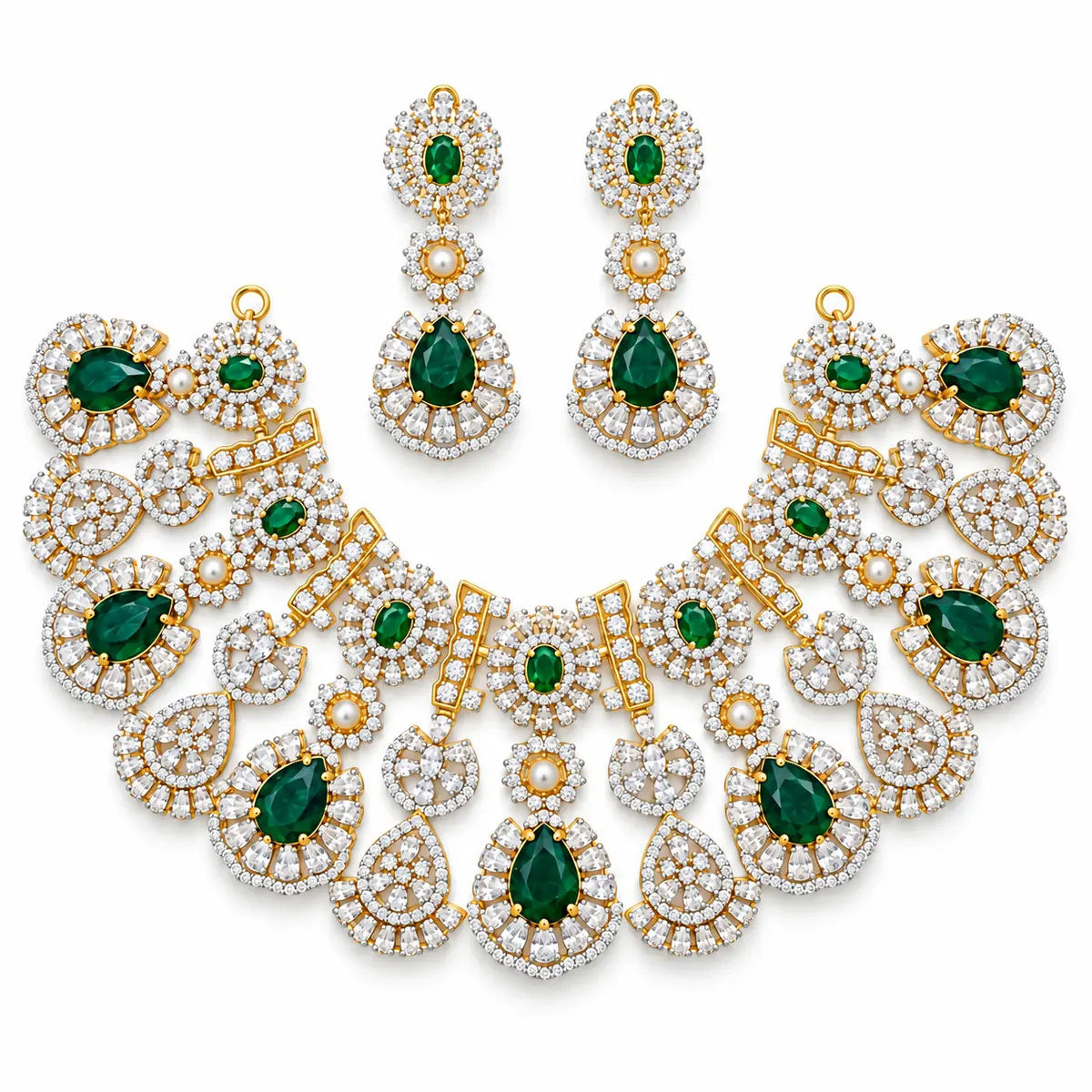 Green & White Zircon Pearl Gold Plated 925 Silver Bridal Set – 169g – Main Image Traditional Layered Bridal Necklace Set – 925 Sterling Silver – Gold Plated – Gold and Green High Quality Zircon & Pearl