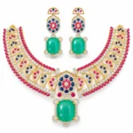 Multicolour Statement Necklace Set – 925 Sterling Silver – Gold Plated – Gold and Green Green ,red, blue High Quality Zircon