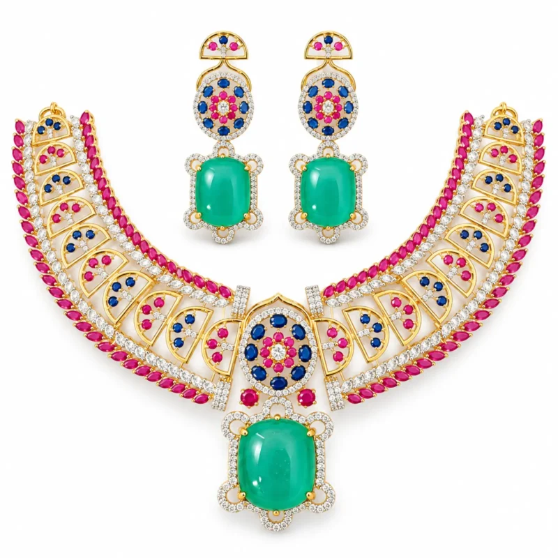 Multicolour Statement Necklace Set &ndash; 925 Sterling Silver &ndash; Gold Plated &ndash; Gold and Green Green ,red, blue High Quality Zircon