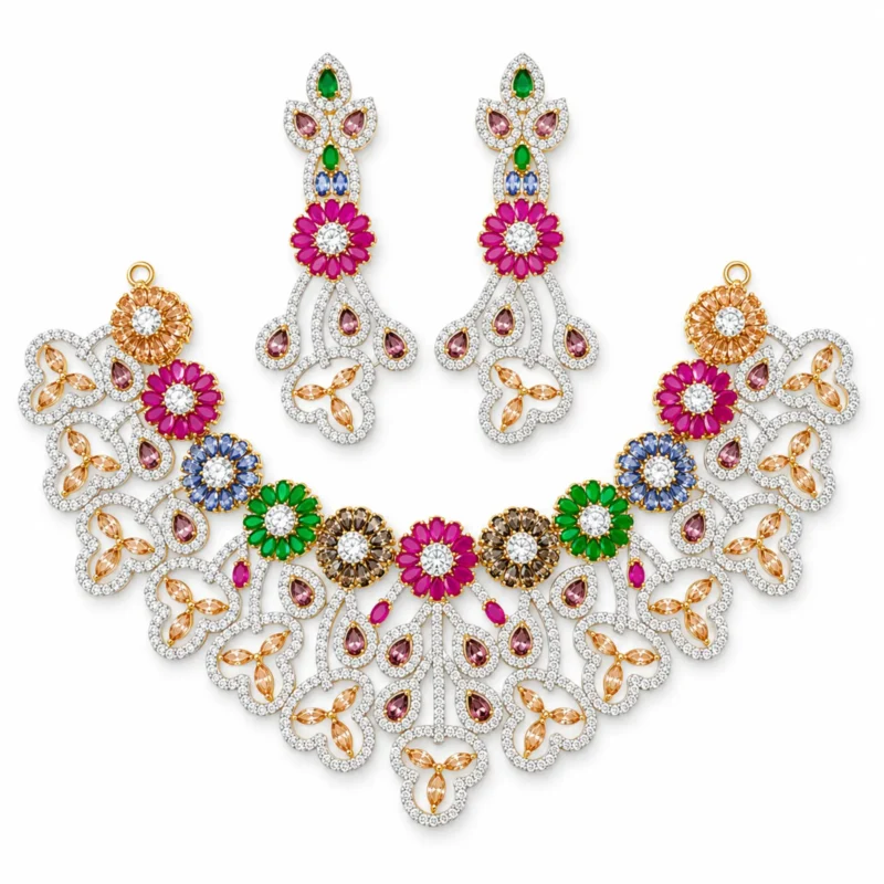 Multicolour Floral Statement Bridal Set &ndash; 925 Sterling Silver &ndash; Gold Plated &ndash; Gold and Red High Quality Zircon