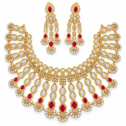 Multi-Strand Floral Statement Bridal Set – 925 Sterling Silver – Gold Plated – Gold and Red High Quality Zircon