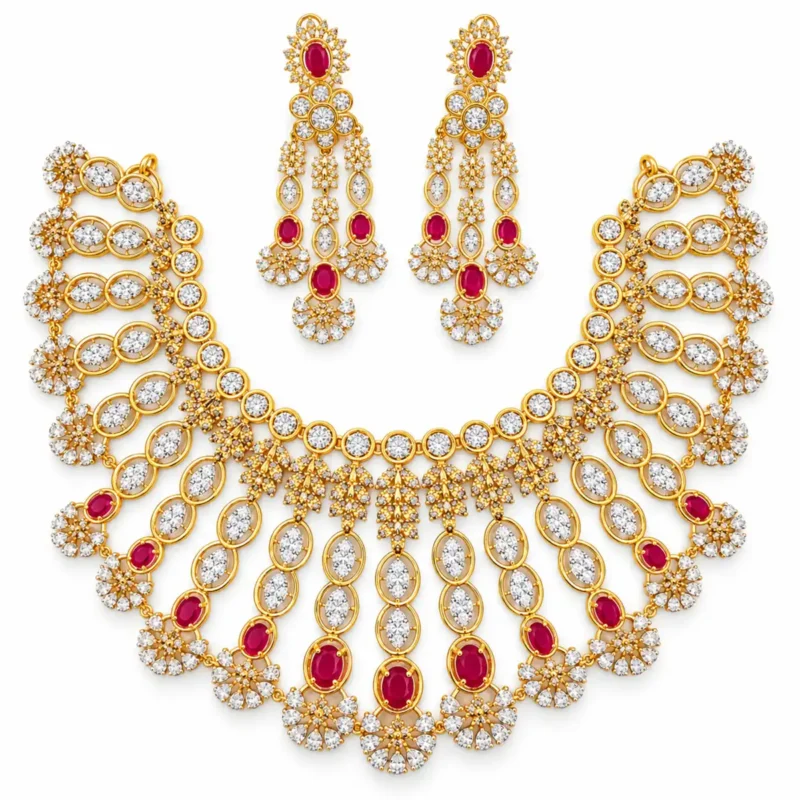 Multi-Strand Floral Statement Bridal Set &ndash; 925 Sterling Silver &ndash; Gold Plated &ndash; Gold and Red High Quality Zircon